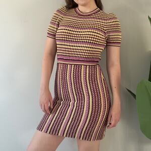 Free People metallic striped knit mini dress short sleeve high neck cotton EUC